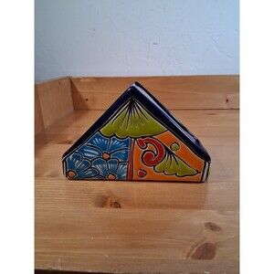 Talavera Napkin Holder Hand Painted Blue Orange Floral Pottery Decor Mexico